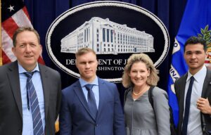 Roman Storm and legal team outside the U.S. Department of Justice building during the Tornado Cash developer prosecution case