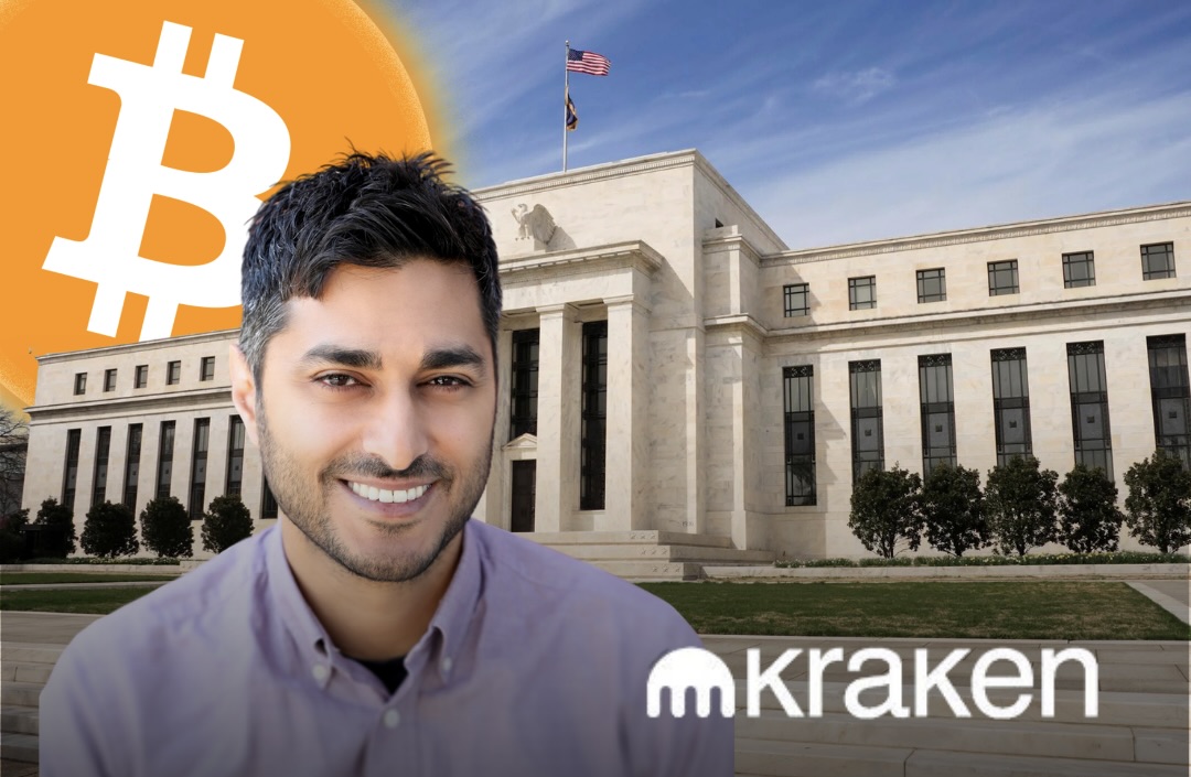 Kraken CEO Arjun Sethi, the Federal Reserve building, and a Bitcoin symbol representing Kraken gaining access to the Fed payments system