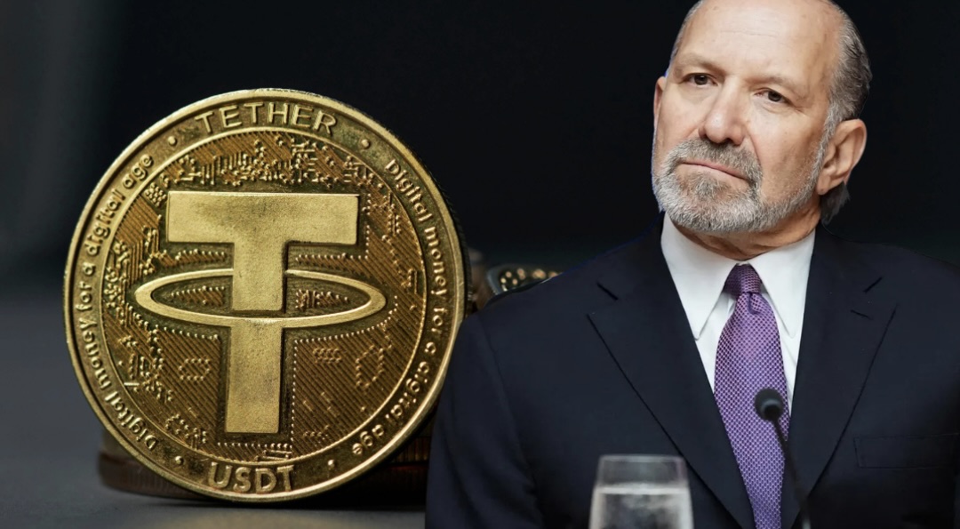 Howard Lutnick alongside Tether USDT coin illustration, highlighting stablecoin loan tied to Cantor Fitzgerald deal