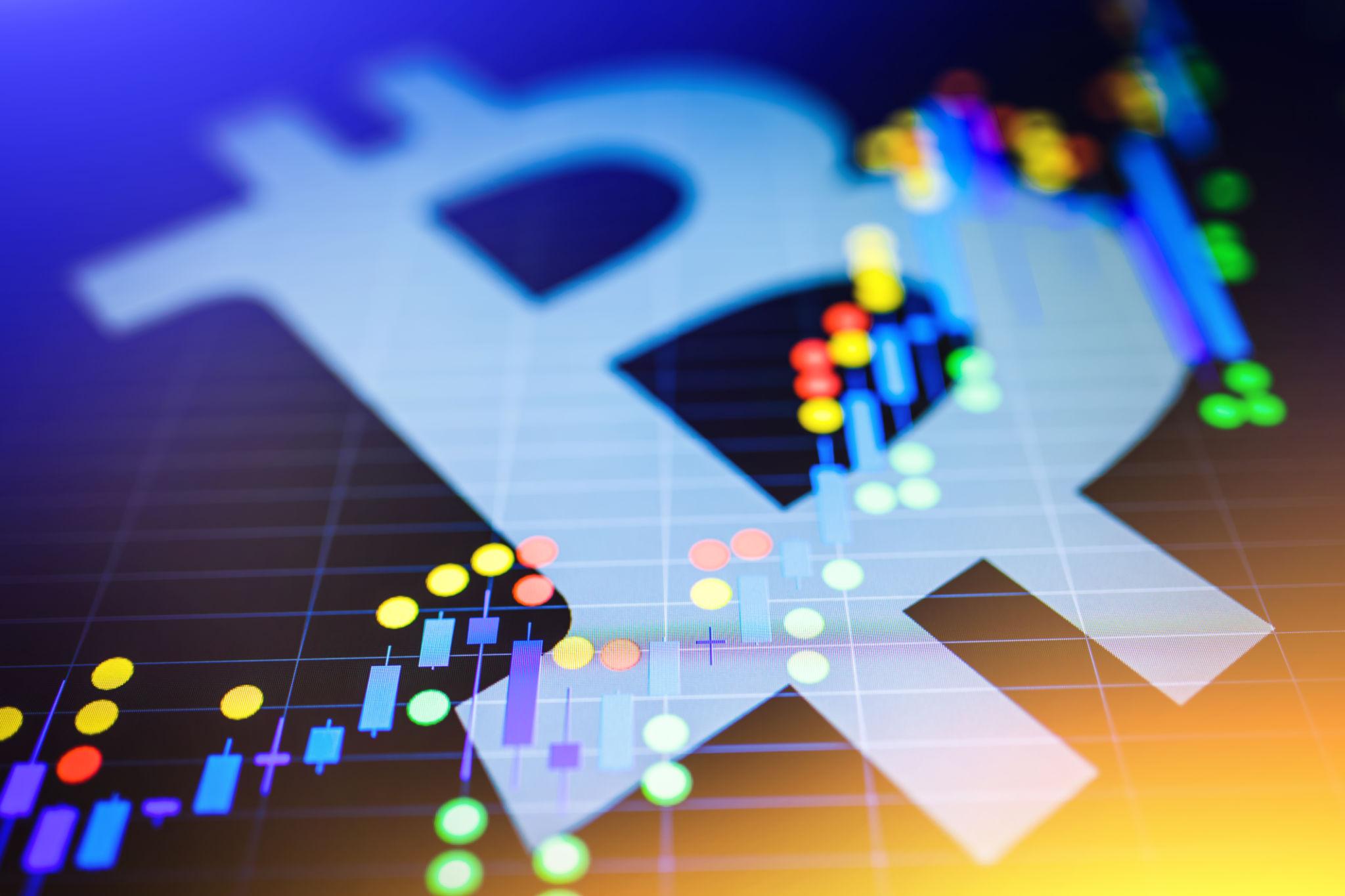 Bitcoin price chart rising above $70,000 with BTC symbol and colorful candlestick market data